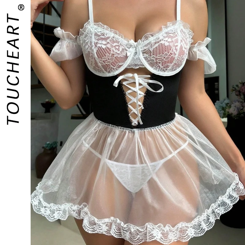 Toucheart Sexy Lace Night Dress for Women Mesh Patchwork Lace Up Hollow Out Women's Underwear Sexy Lace Pajamas Lingerie Suit