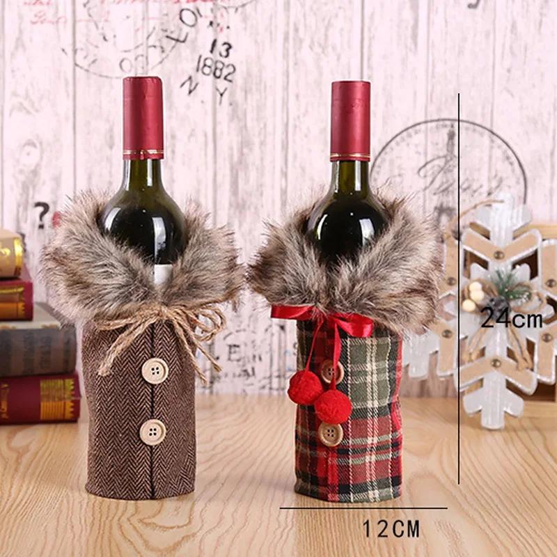 1PC Christmas Wine Bottle Covers Bow Hemp Wool Collar Champagne Bottle Cover For Xmas New Year Party Home Dinner Table Decor