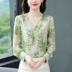 Women's Clothing Pullover Chiffon Button V-Neck Plant&Flowers Printing T-shirt Lantern Long Sleeve Fashionable Casual Tops