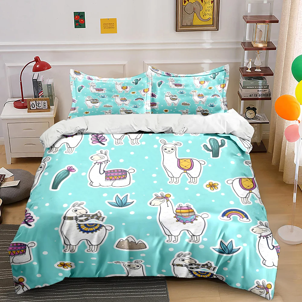 3PC Cartoon Alpaca Cyan background Print Bedding Set 1 Duvet Cover 2 Pillowcases for Adult and Children Luxury Gift Full Size