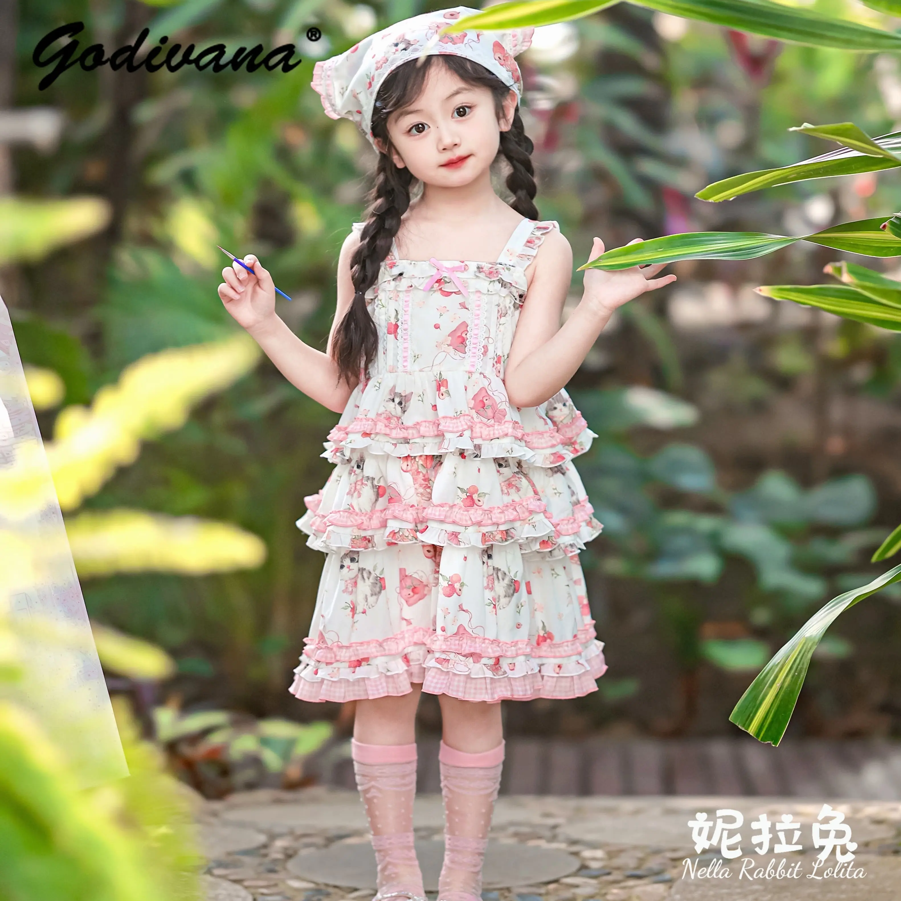 Original 2026 Spring and Summer New Baby Girls Floral Print Princess Lolita Dress Sweet Kids Cute Bow Ruffle Trim Slip Dresses