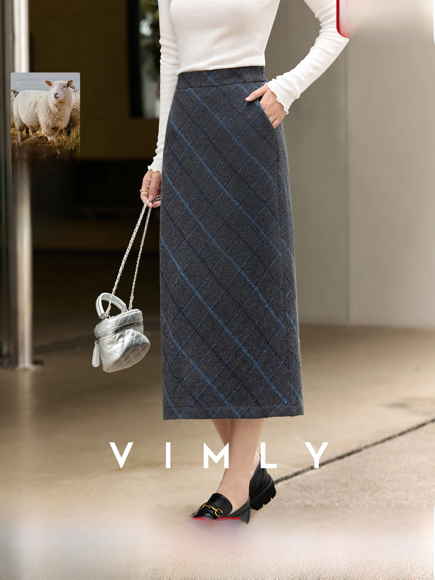 

Winter New Women's Plaid Woolen Skirt Slim Straight Long Casual Sle mid Waist Polyester Blend Fiber H-ape Commute Wear