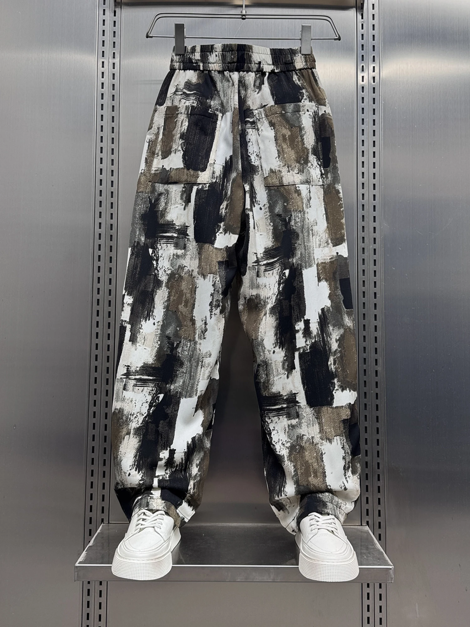 2025 Summer New Ink Tie-dye Flower Pants Men's Ice Silk Drape Cool Feeling Versatile Loose Straight Casual Pants