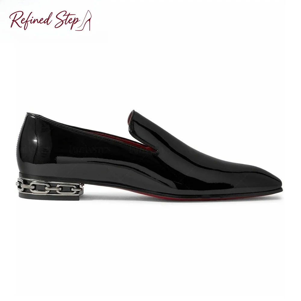 Chain Detail Heel Loafers Almond Toe Patent PU Leather Dress Shoes Designer Style Handcrafted PU Leather Slip on Shoes for Men