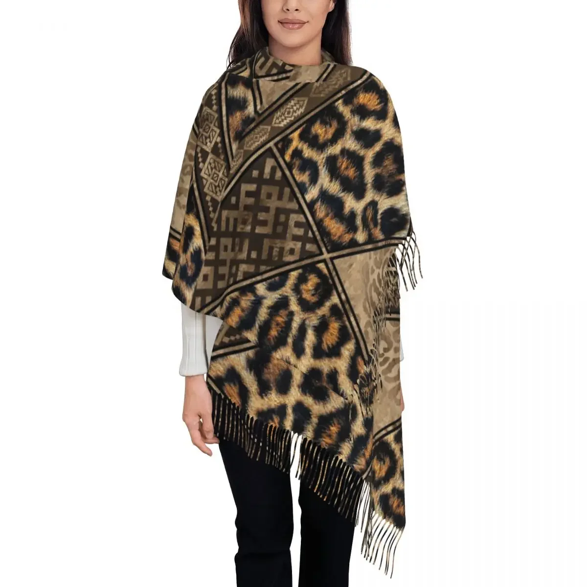 Women's Tassel Scarf Leopard Fur With Ethnic Ornaments Large Shawl and Wrap Brown Animal Leopard Daily Wear Pashmina Scarves