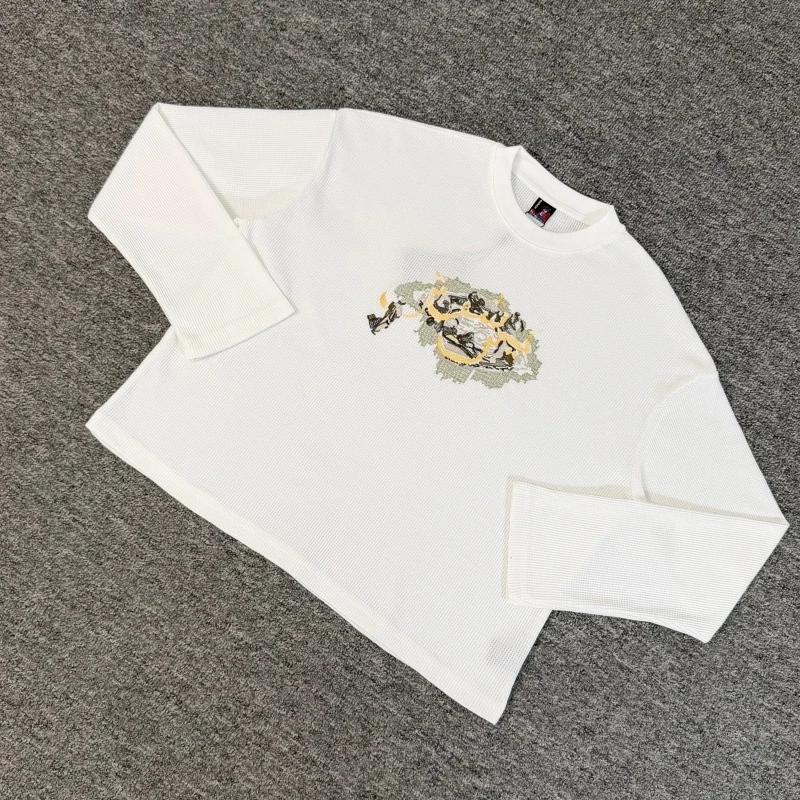 Übergroßer Waffelstrick-Pullover für Herren, Retro-Stickerei, Grafik, Rundhalsausschnitt, Langarm-T-Shirt, Baggy Streetwear, Lässiger Pullover – Detail 1