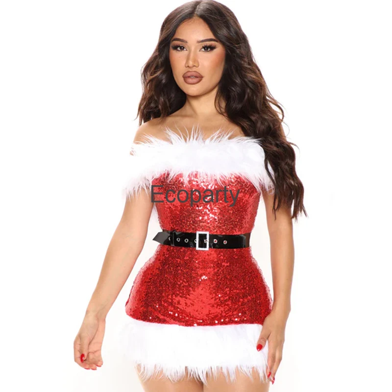 2023 Women Christmas Dress Sexy Feather Sleeveless Off Shoulder Bodycon High Waist Mini Dress New Year Party Xmas Costume