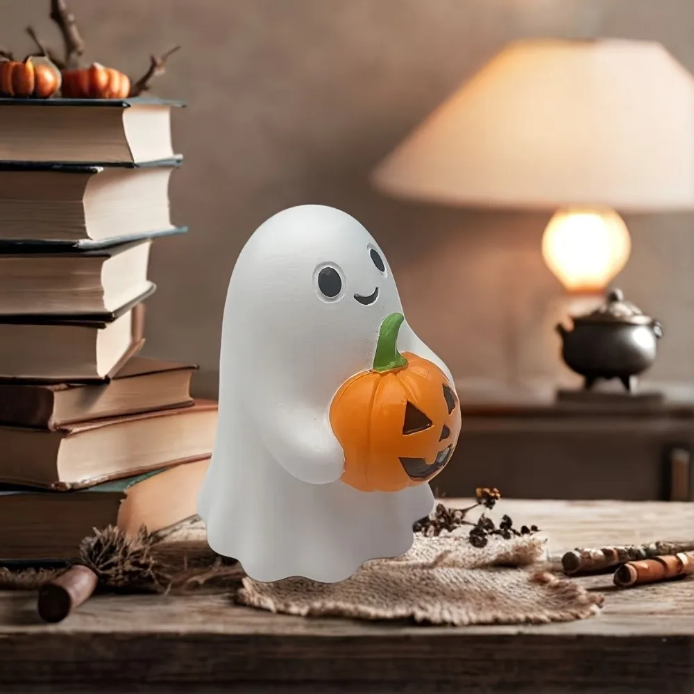 

Creative Cute Halloween Ghost Statue Realistic Resin Pumpkin Ghost Figurine Mini Holding Pumpkin Ghost Office Desk