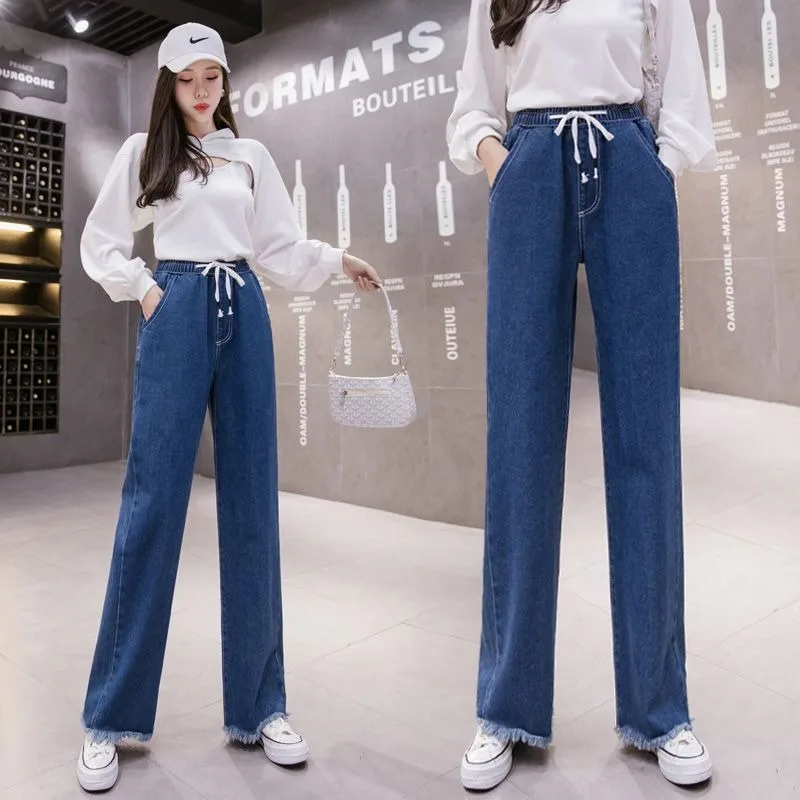 

2023 New Spring Autumn High-waisted Denim Pants Thin Wide Leg Straight Tube Loose Mop Students Large Size Trousers for Women