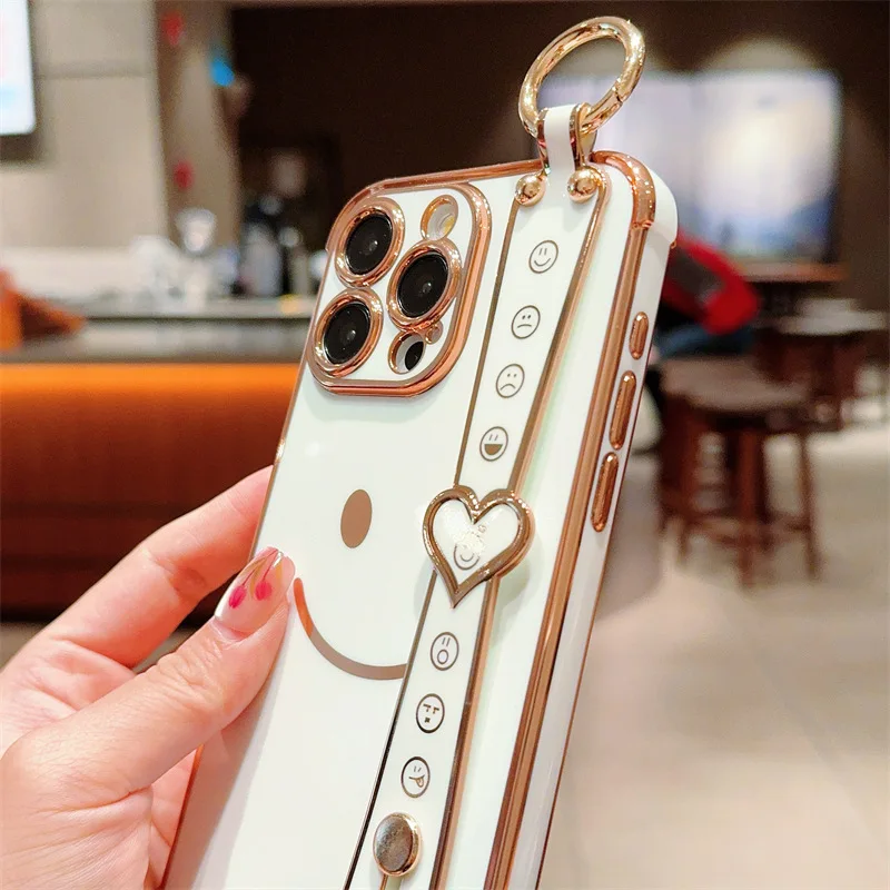 

Smiley Face Phone Case for iPhone 11 12 13 14 15 16 17 Pro Max Plating Silicone Lanyard Shockproof Cover