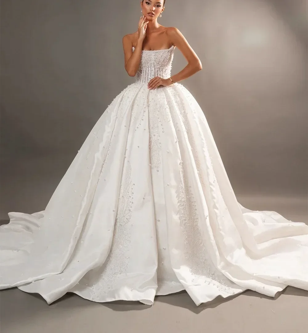 Luxury Full Beading Pearls Wedding Dress 2026 Strapless Sleeveless Lace Up Princess Bridal Bride Grown Vestidos De Noiva