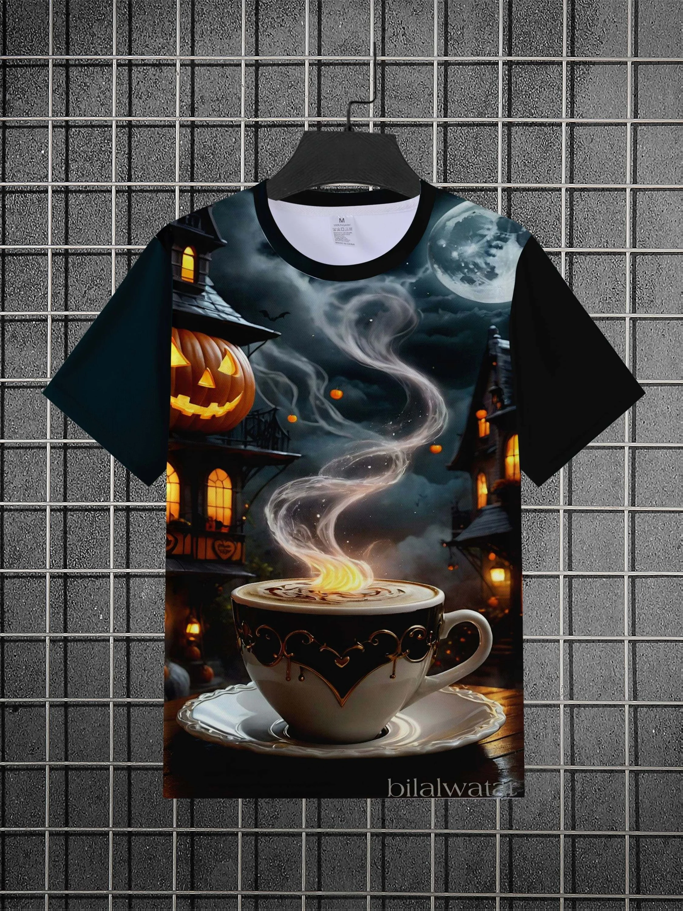 Men's Halloween Pumpkin Haunted House Moon Coffee Smoke Graphic Tee Crew Neck Short Sleeve Spooky Night Casual Shirts