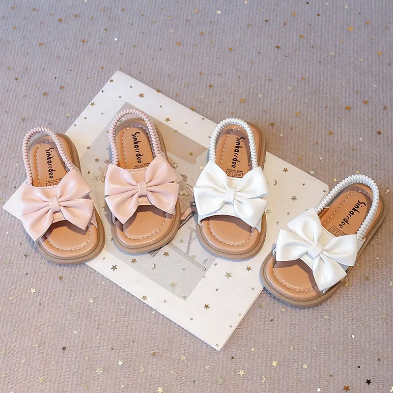 Summer Girl's Sandals Big Bowtie Pink Beige Pu Leather Holiday Kids Sliders Elastic Band Open Toe Leisure Comfy Children Shoes