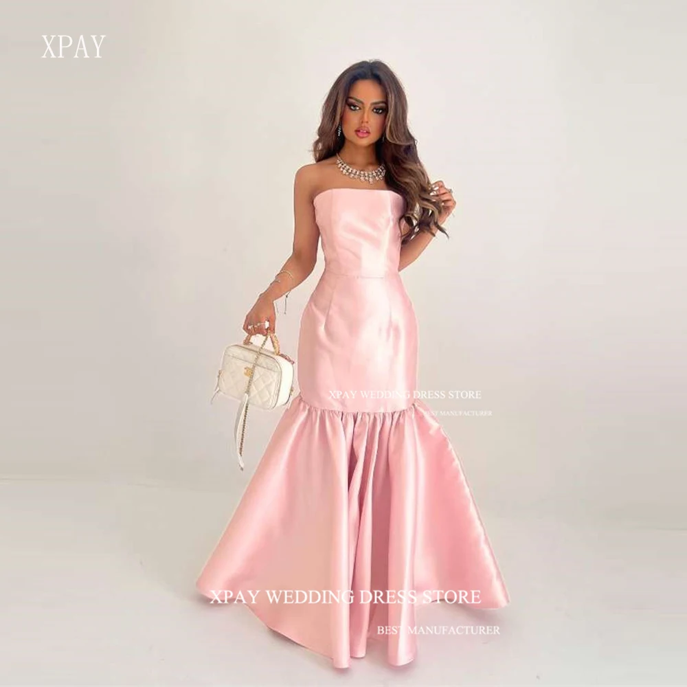 

XPAY Saudi Arabic Women Pink Mermaid Evening Dresses Strapless Floor Length Satin Prom Gowns Formal Wedding Party Dress Simple