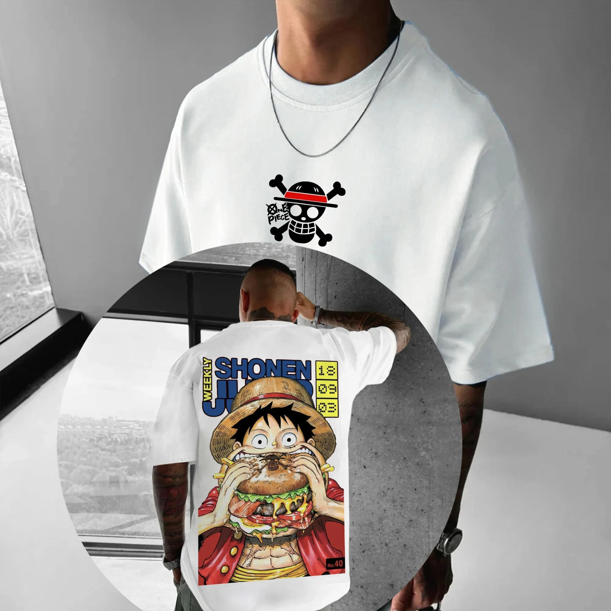 

Big Size Loose Fit High Quality Cotton One Piece T Shirt Front Skull Back Luffy Eating Hamburger with Straw Hat Sportswear