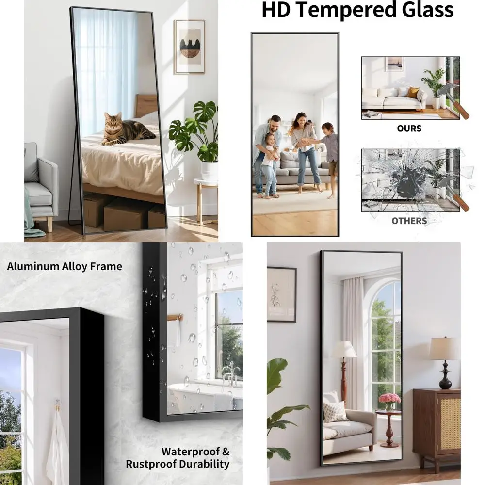Full-Length Standing Mirror with Aluminum Frame - Large Floor Mirror for Home Décor and Wall Mounting