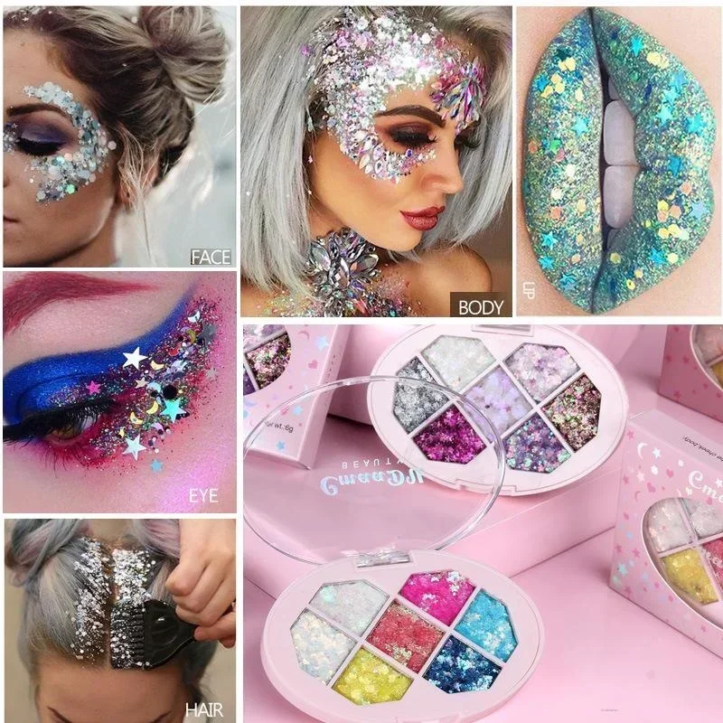 7 Color Glitter Glam Eye Sparkly Glitter Hair Shimmer Gel Flash Heart Loose Sequins Glitter Eyeshadow Party Face Body Decoration