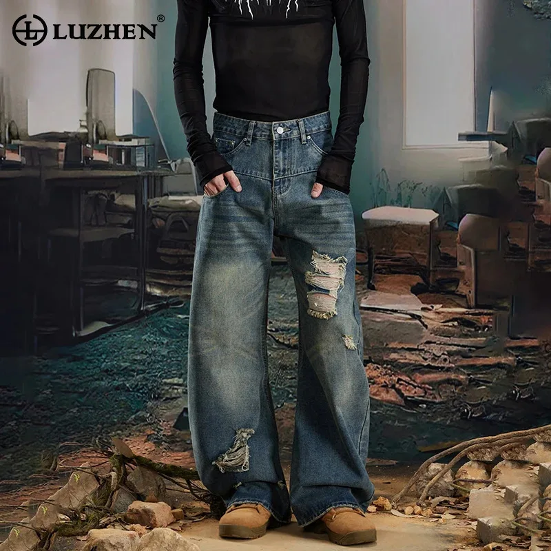 

LUZHEN 2025 New Original Broken Hole Patched Design Straight Casual Jeans Men Streetwear High Quality Fashion Denim Pants JY3505