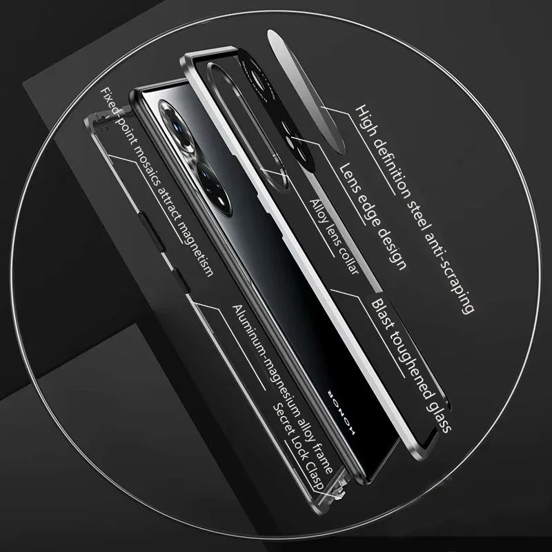 Metal Magnetic Anti-drop Case Double Sided Glass Snap Buckle Phone Shell For Honor 50 70 Pro Plus Camera Lens Protection Cover