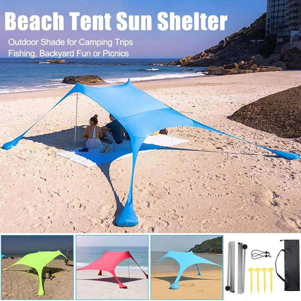 

Family Beach Tent Sun Shade Tent with Poles Sandbag Sun Shelter Canopy UV 50+ for Family Beach Camping Fishing Backyard Picnics