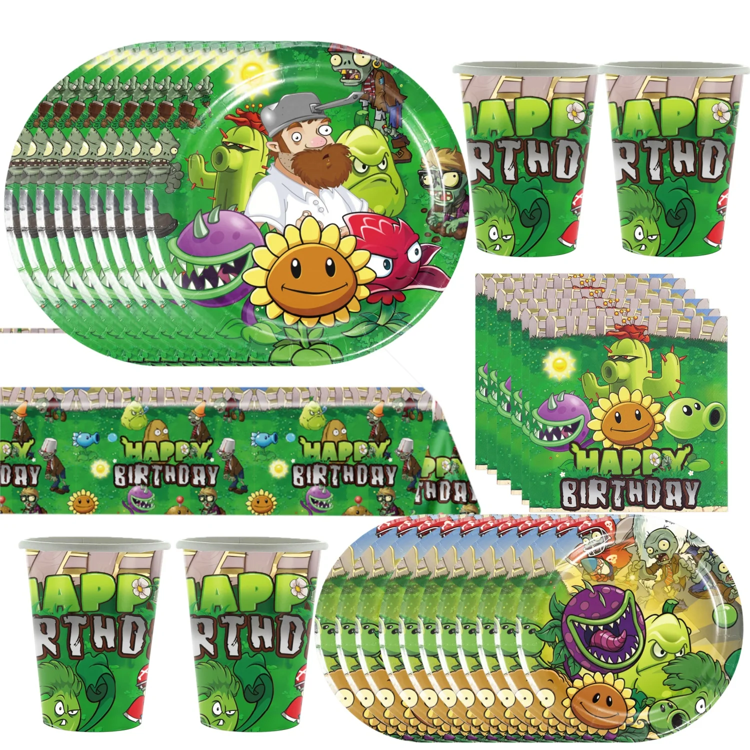 Plants vs. Zombies Geburtstagsparty-Zubehör: Tischgeschirr, Tassen, Teller, Tischdecke, Servietten, 3D-Ballons und Dekorationen für Kinder