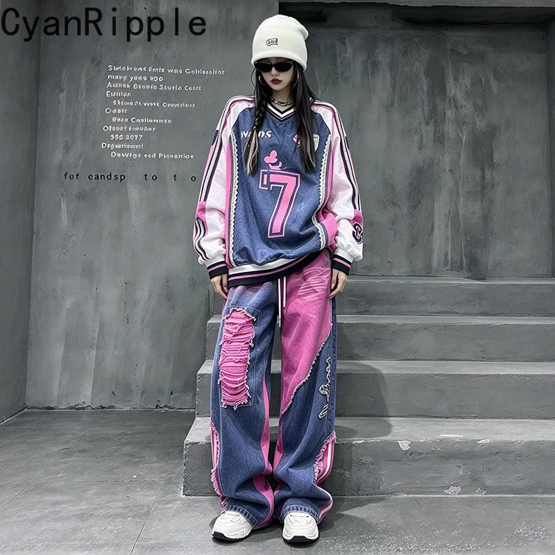 American High Street Autumn Women Hoodie Set Color Block Letters Printed V-neck Pullover Top + Elastic Waist Hole Straight Pants