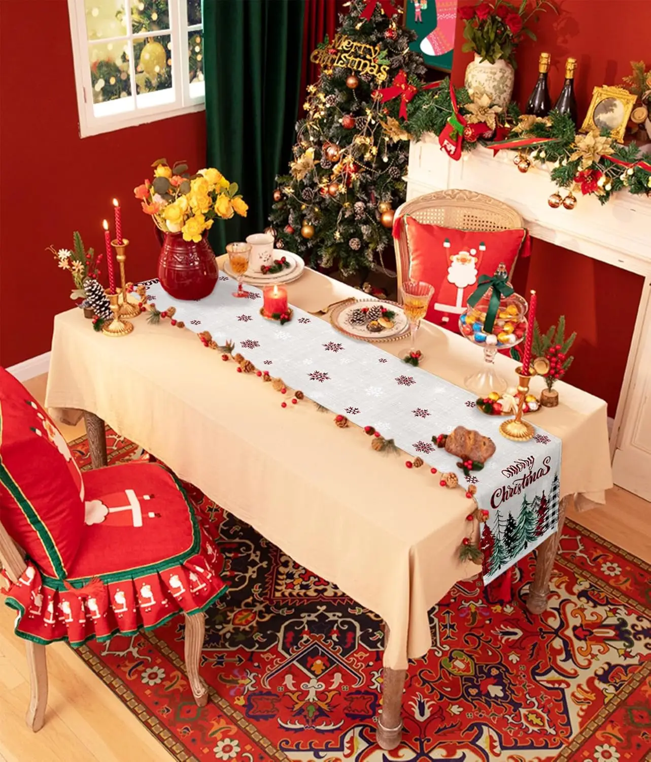 Merry Christmas Snowflake Linen Table Runner Dresser Scarf Winter Xmas Tree Table Runners Kitchen Dining Table Home Party Decor