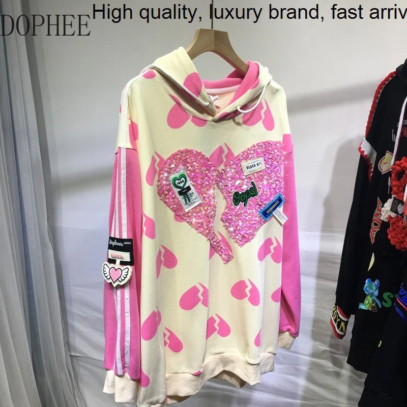 Loves Printed Sequins Pink Pullovers Mid-long Hooded Top 2023 New Autumn Fashion Loose Long Sleeve Women Casual Sweatshirt