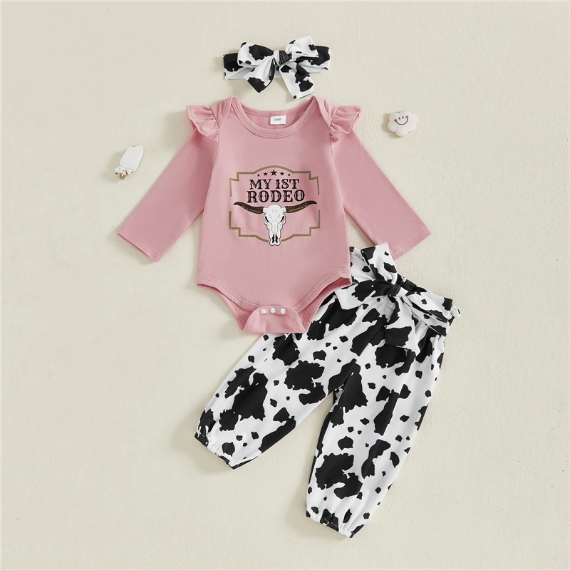 

Newborn Baby Girl Fall Outfits Letter Cow Head Embroidered Long Sleeve Romper Elastic Waist Pants Headband 3Pcs Clothes Set