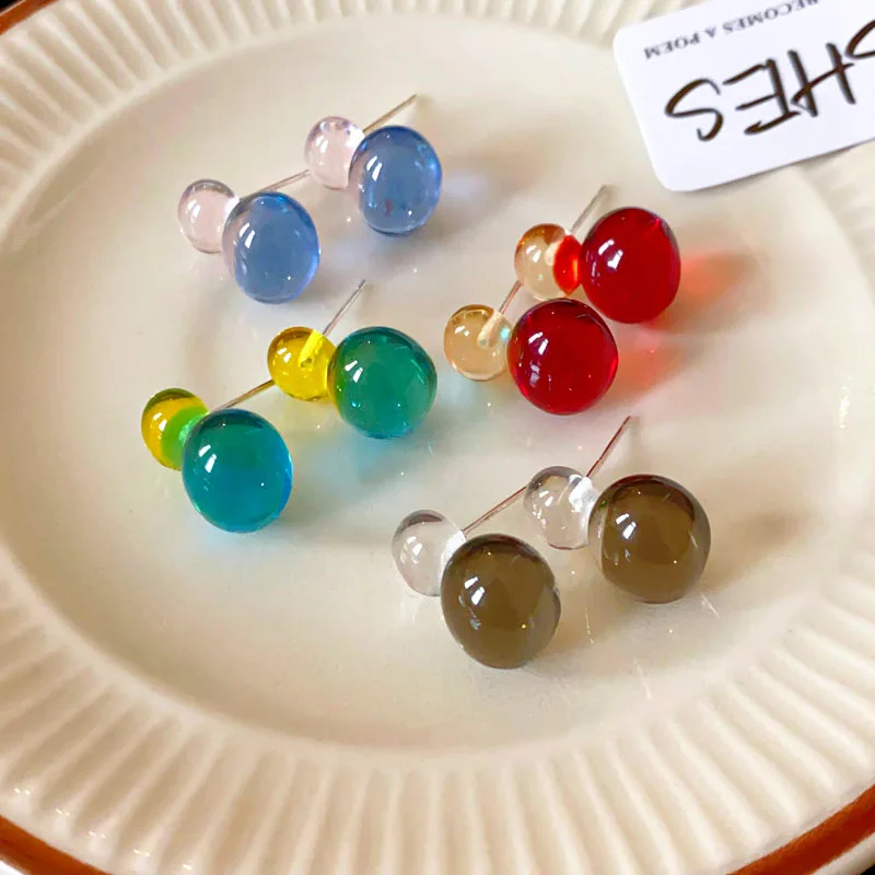 New Colorful Dopamine Resin Round Gourd  Geometric Stud Earrings for Women Small Cute Simple Versatile Fashion Jewelry Wholesale