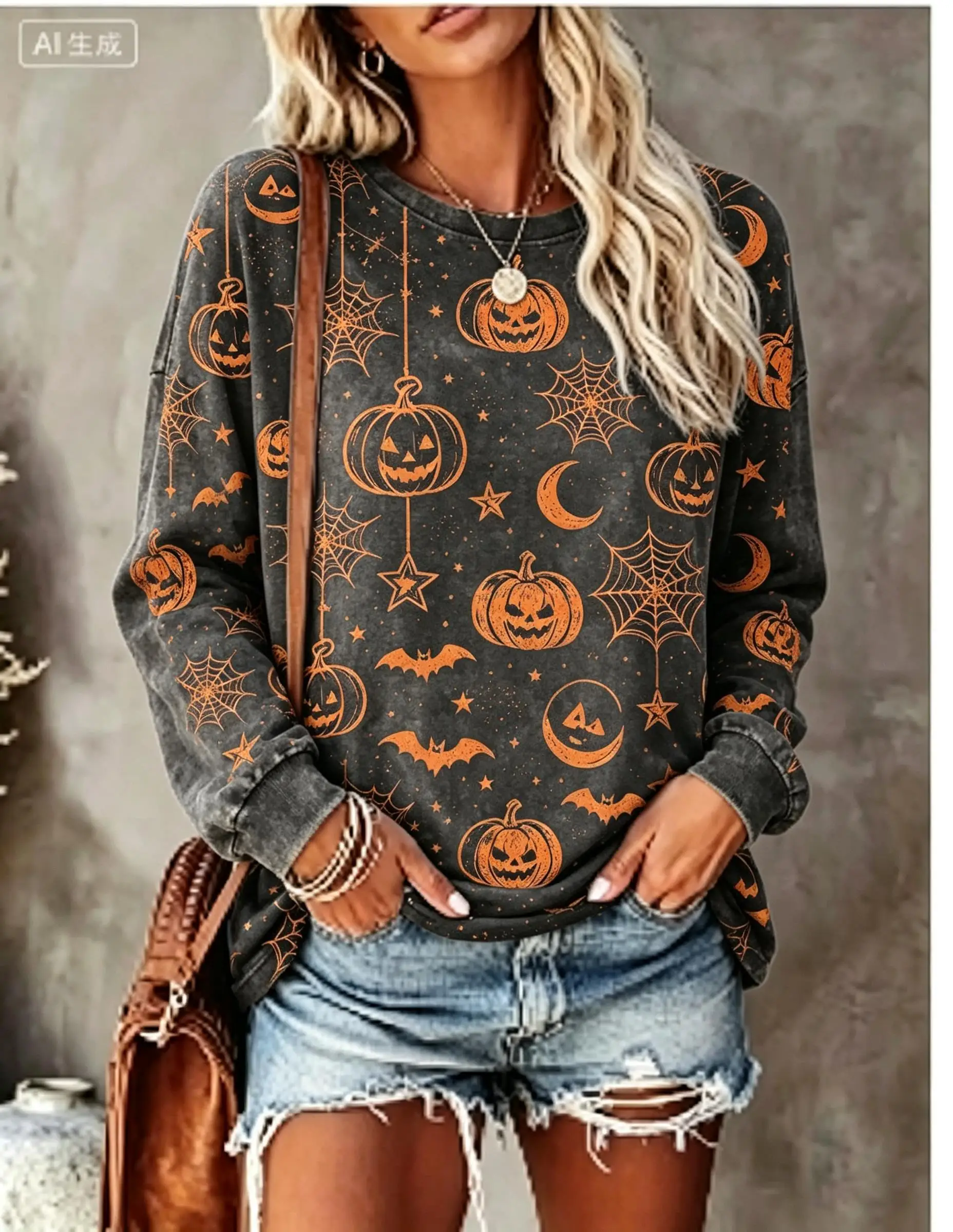 Women Halloween Long Sleeve T‑Shirt Pumpkin Moon Star Bat Spider Web Distressed All‑Over Print Crew Neck Tops image 4