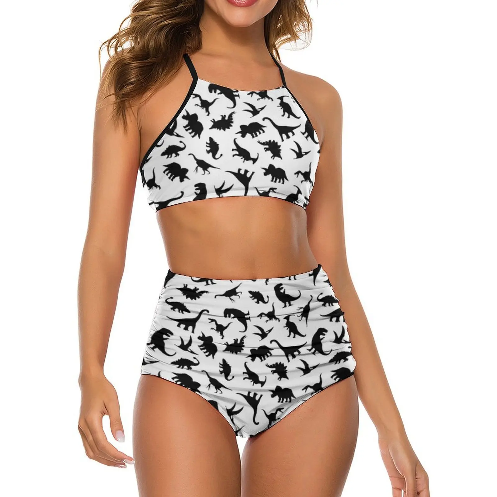 

Sexy Cute Dinosaurs Pattern Bikini Swimsuit Black Dinos On White Raptor Simple Swimwear High Waist Custom Bikinis Set Adjustable