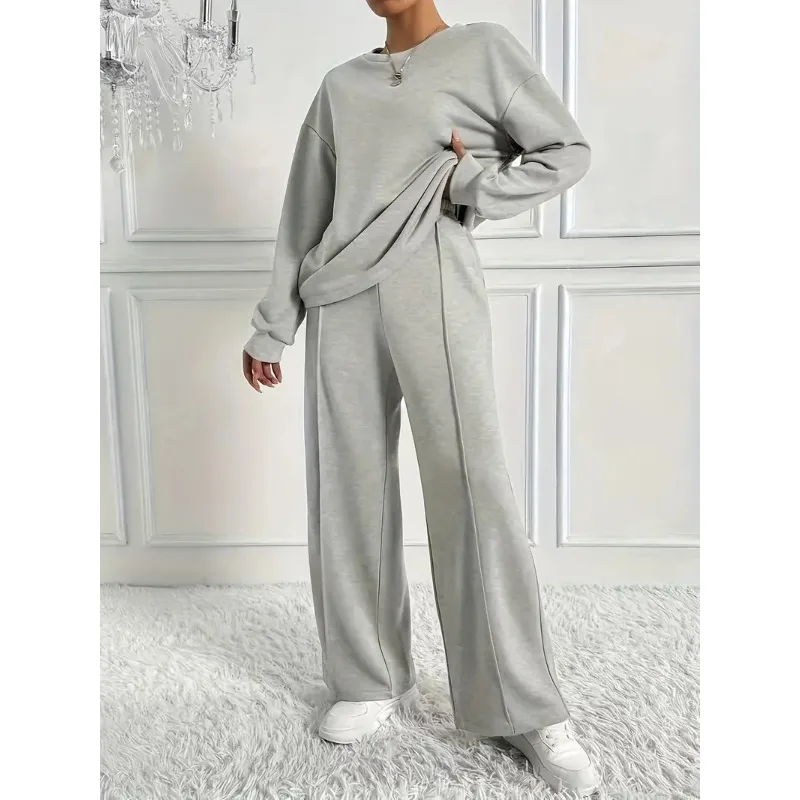 ファッションカジュアルシンプル秋ツーピースセット2025レディース無地Vネック長袖プルオーバー+ストレートレッグパンツカジュアルスーツ