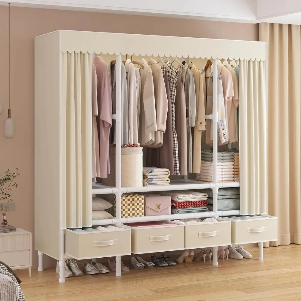 Portable Closets or Hanging Clothes,Clothes Rack with Cover,Portable Wardrobe Closet with 3 Hanging Rods, 6 Storage Shelves and