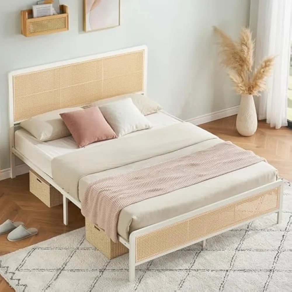 GAOMON Full Size Rattan Bed Frame with Headboard, Modern Style Cane Boho Bed Frames with Heavy Duty Sturdy Steel Slat Support, N
