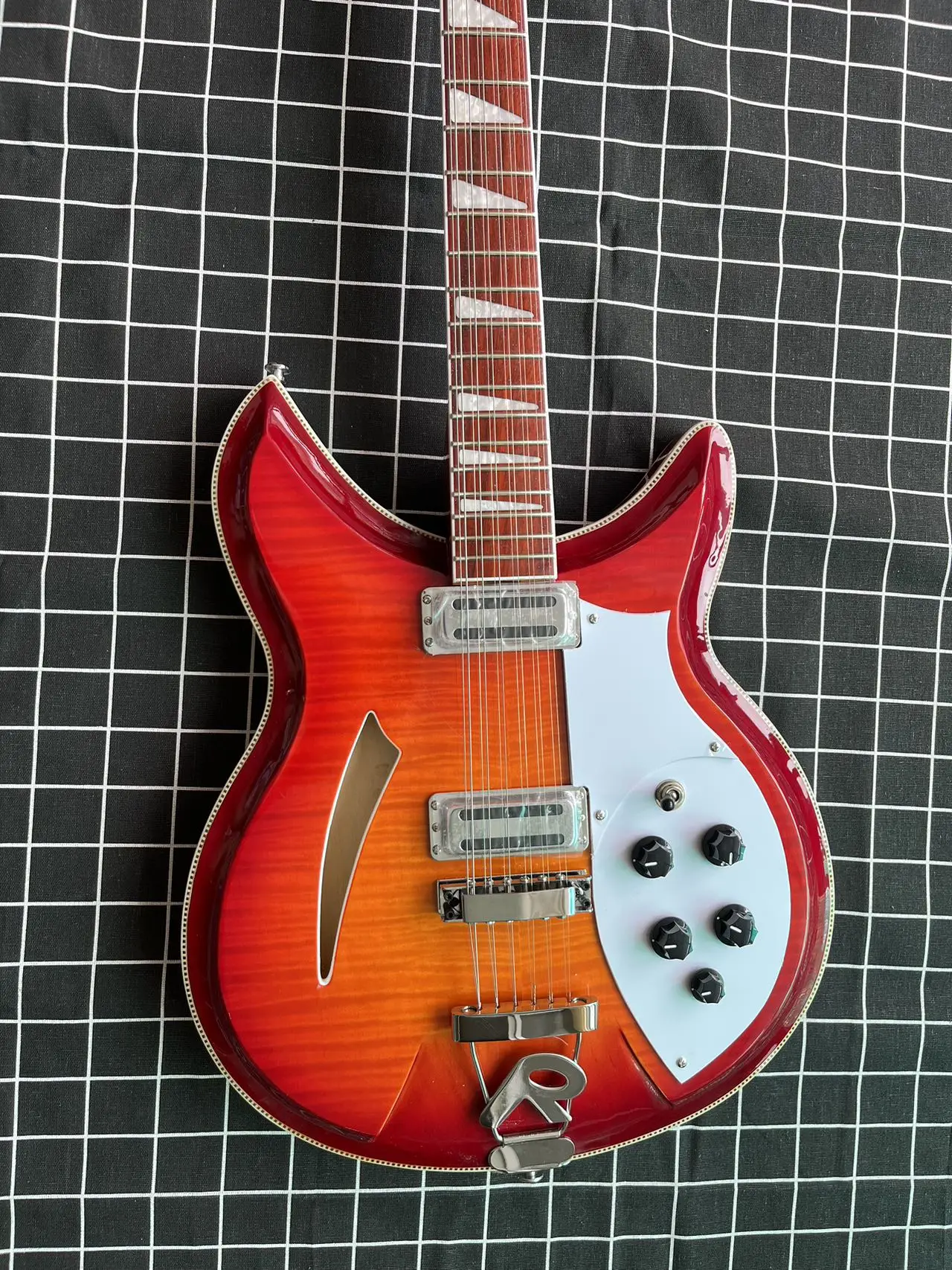 (US send UPS) 381 Electric Guitar, 12 String Cherry Sunburst, Body Top and Back with Flame Maple, R shape Tailpiece, QualityCC