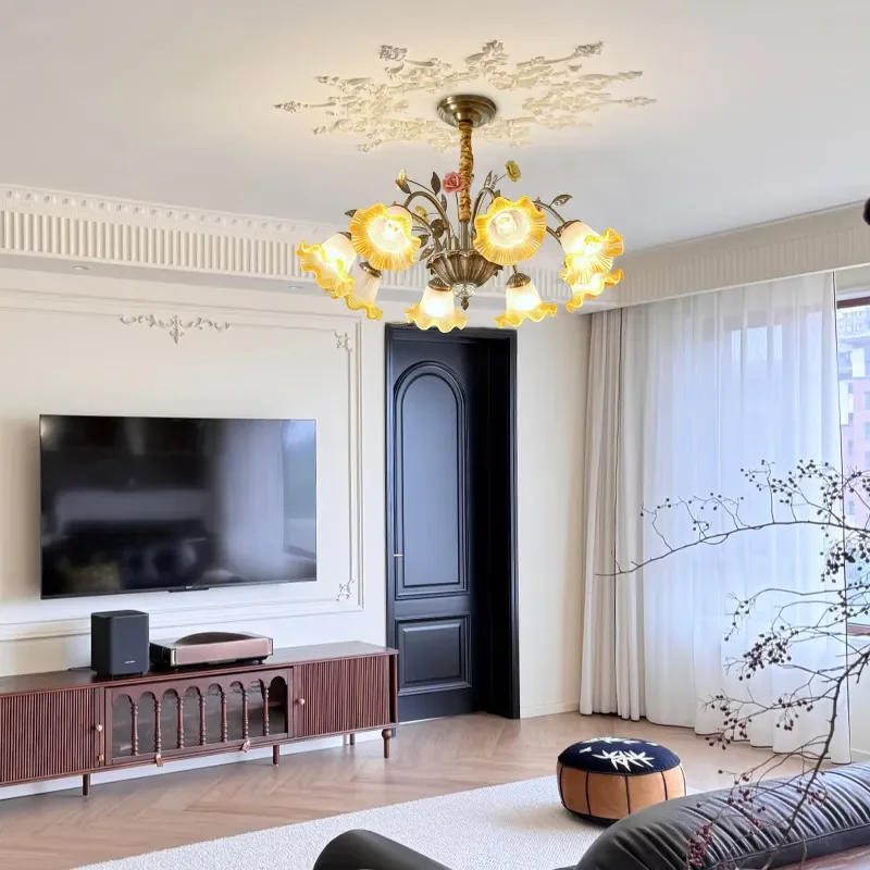 for American Living Room Chandelier Retro Flower Glass Warm Princess Style Main Light for Dining Room Cloakroom Idyllic Style