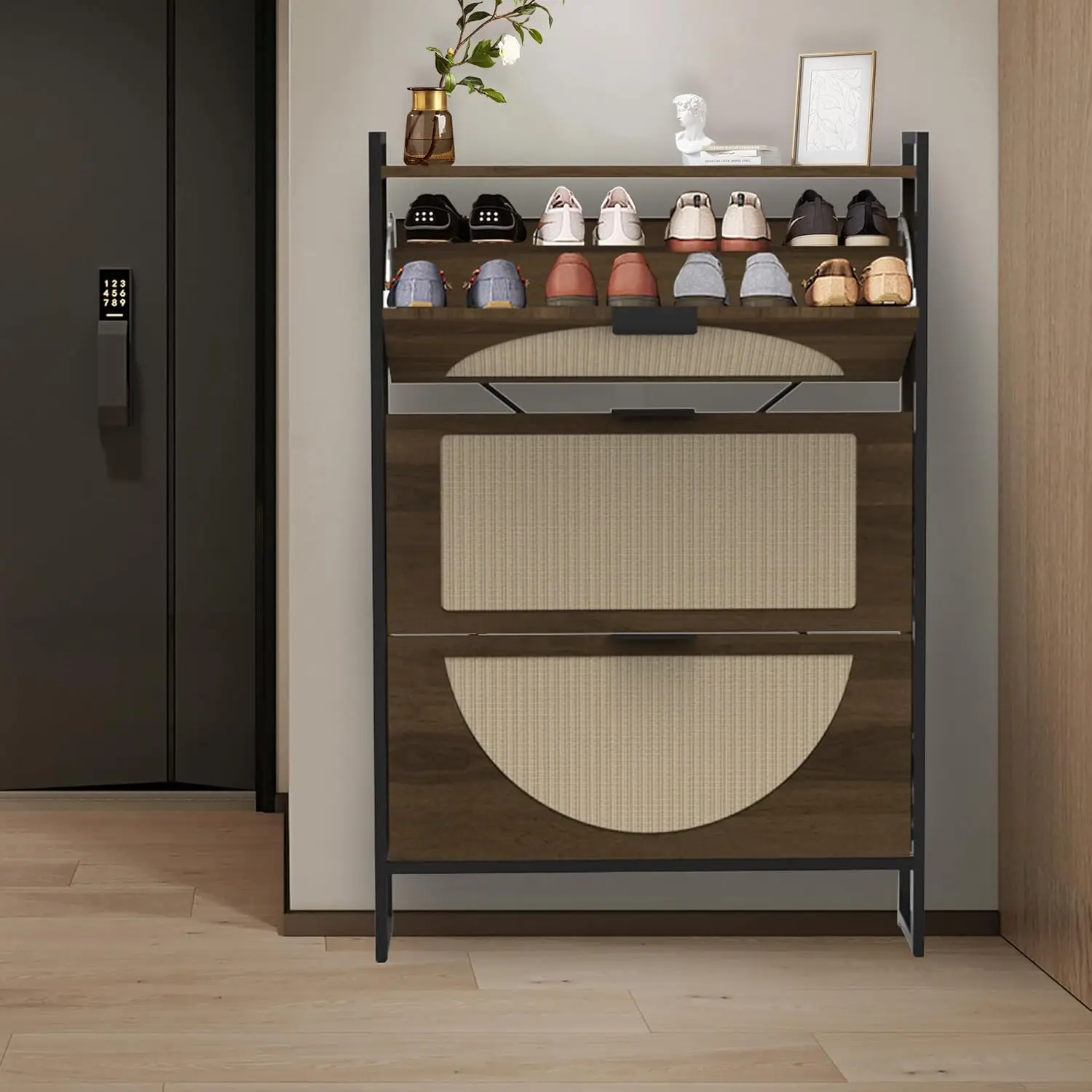 ตู้เก็บรองเท้าแบบตั้งพื้นขาเหล็ก พร้อมลิ้นชักแบบพับได้ 3 ชั้น สำหรับทางเข้าบ้าน ที่เก็บรองเท้าแบบซ่อน