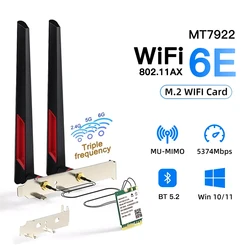 アンテナ付きワイヤレスネットワークカード,wifi6e,mt7922,Bluetooth 5.2, 2.4g,5g,6ghz,m.2 ngff,5374m,pc,ラップトップ,win10,11