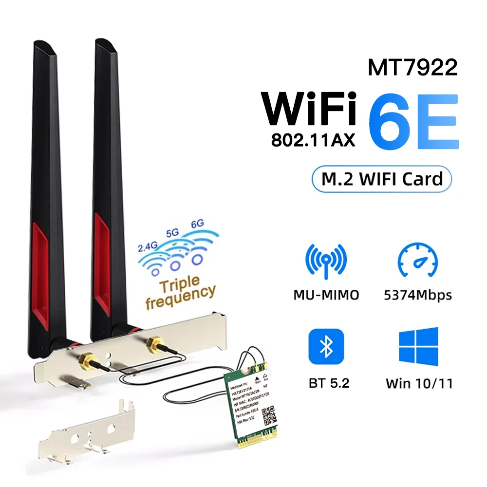 WiFi6E MT7922 Bluetooth 5.2 Wireless Adapter 2.4/5G/6Ghz M.2 NGFF 5374M Network Card With Antenna Set For PC/Laptop For Win10/11