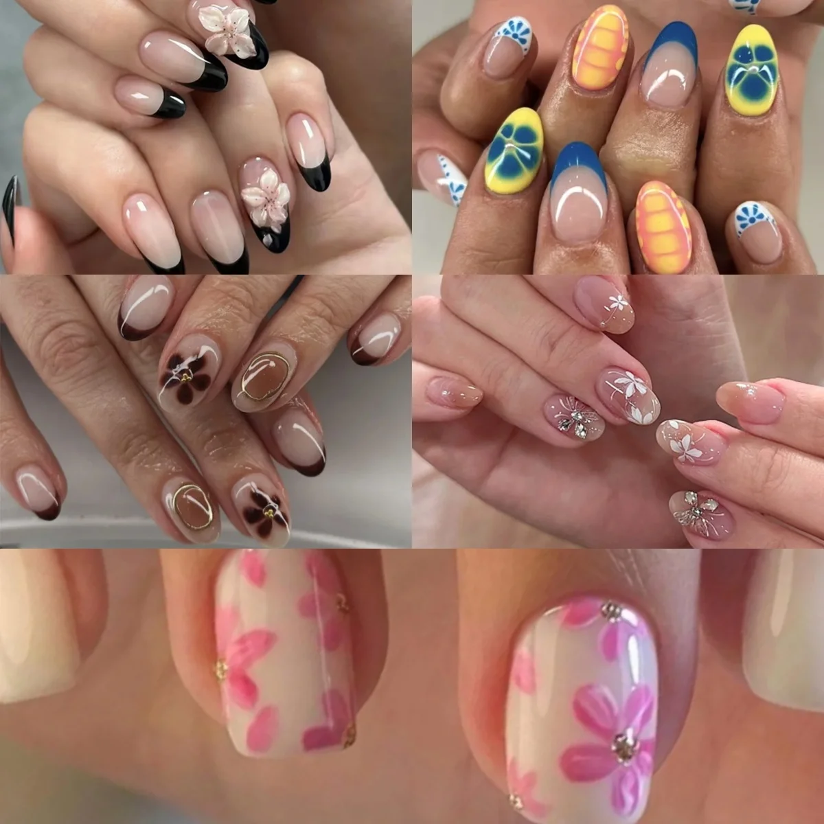 

Black 3D Peach Blossom Flower French Short Nail Art Wearable Fake Nails Detachable Finished False Nails Press on Nails with Glue