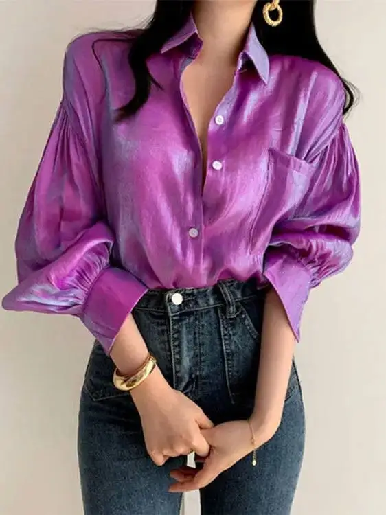 

Women's Pure Color Lapel ket irt Street Sle Loose Fit Polyester Long Sve Casual Faion Spring Collection