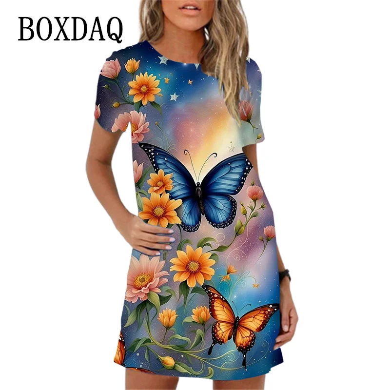 Elegant Butterfly Print Party Dress For Women Short Sleeve O-Neck Loose Casual A-Line Dress New 2024 Spring Summer Ladies Dress