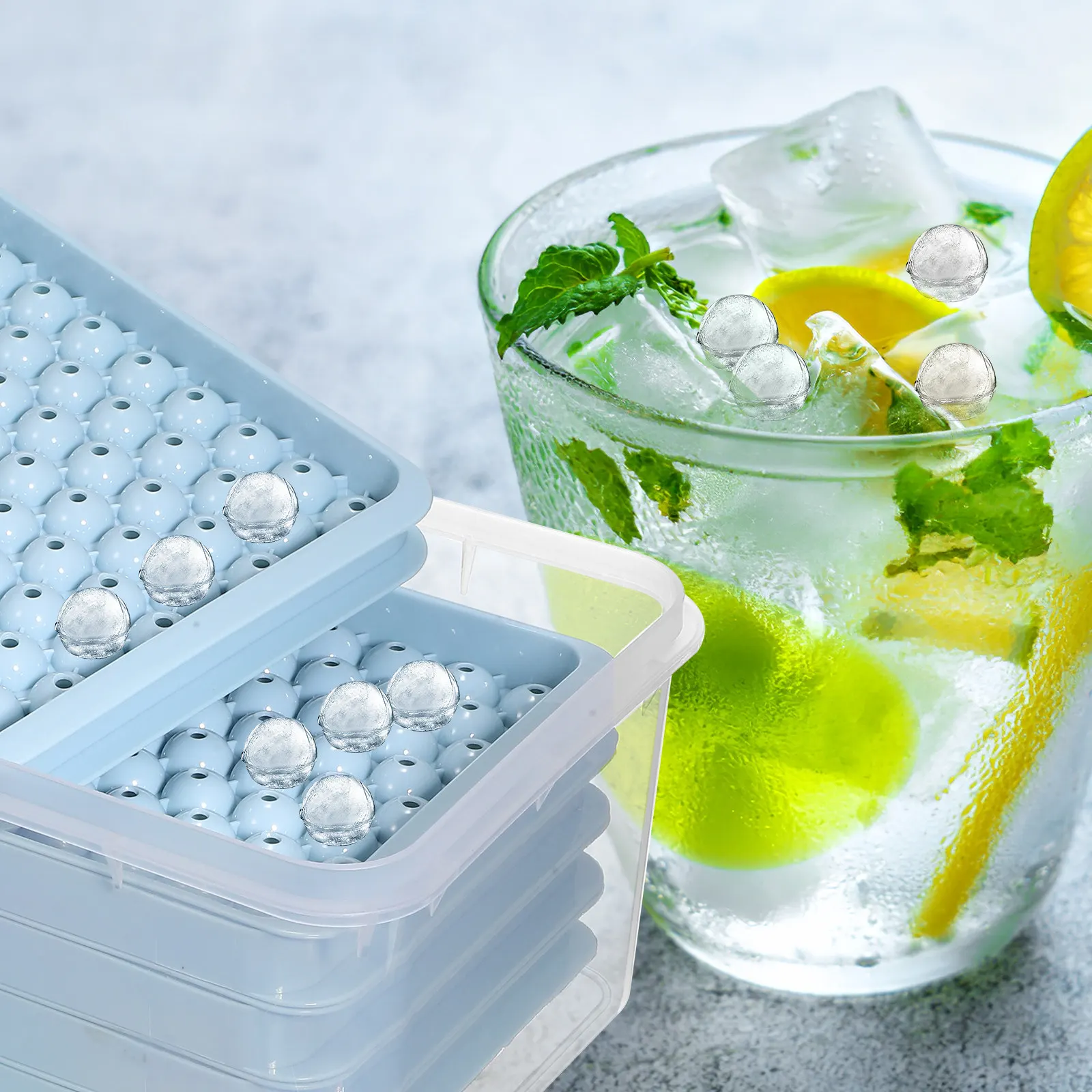 

4Pcs Ice Cube Tray Kit Food Grade Round Mold Easy Release Mini Circle Ice Cube Maker with Container Scoop for Kitchen Freezer