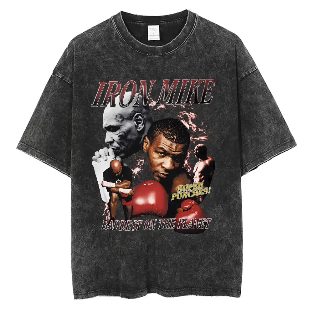 Washed Vintage KING OF THE RING Mike Tyson Graphic T-shirt Men Hip Hop Oversized T Shirt Men's Gothic Rock Fitness Gym T-shirts