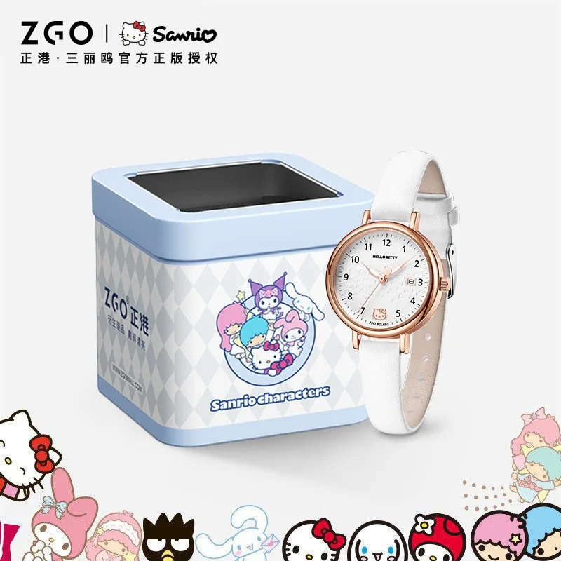 ZGO X Sanrio Hello Kitty นาฬิกาเด็กสําหรับนักเรียนหญิงนาฬิกาสายหนังปฏิทินนาฬิกาข้อมือควอตซ์กันน้ําของขวัญกล่อง 270