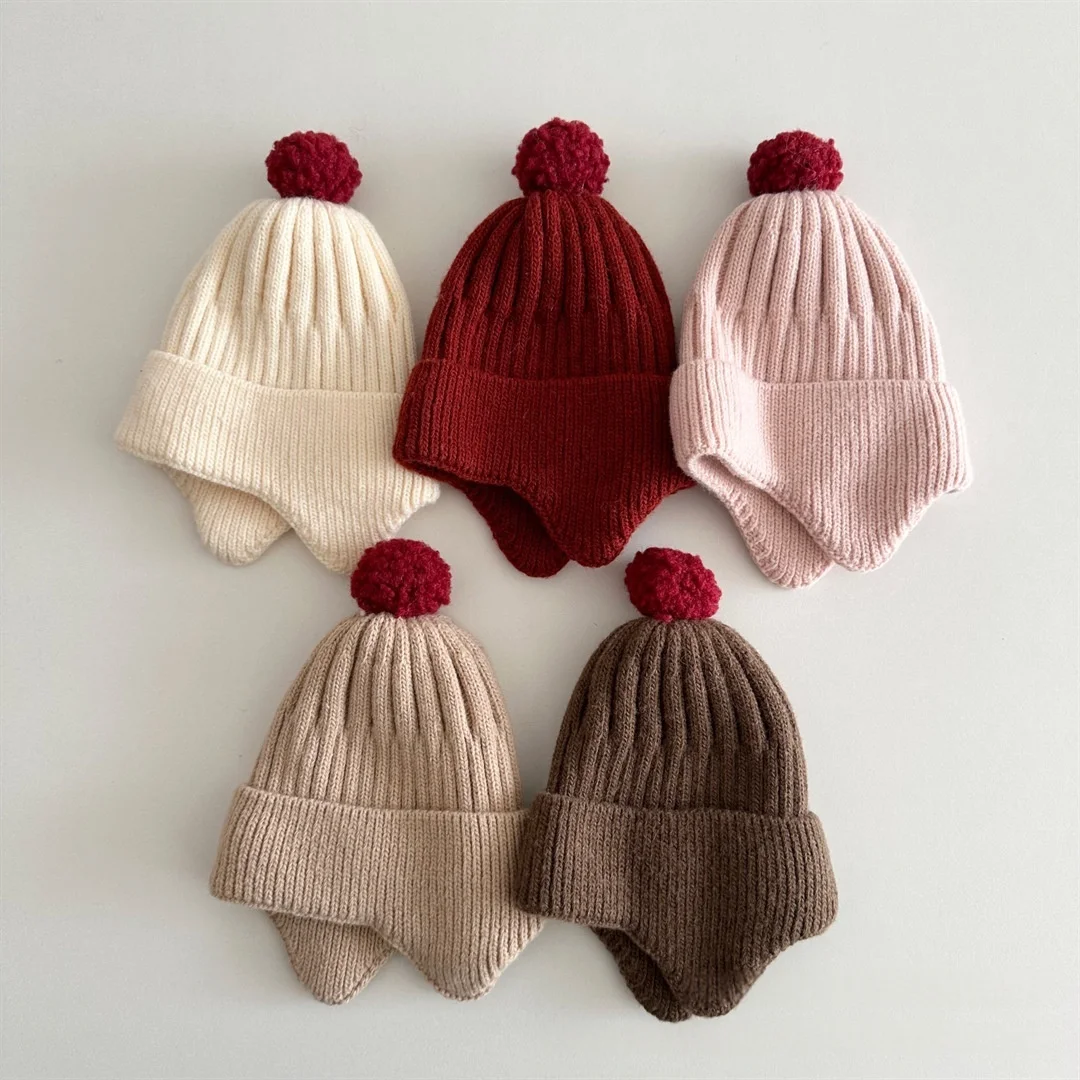 

Вязаная шапка для малышей 0-12 месяцев, осень-зима 2026, в корейском стиле, милая, с помпоном и ушками, теплая вязаная шапка-бини для мальчиков и девочек