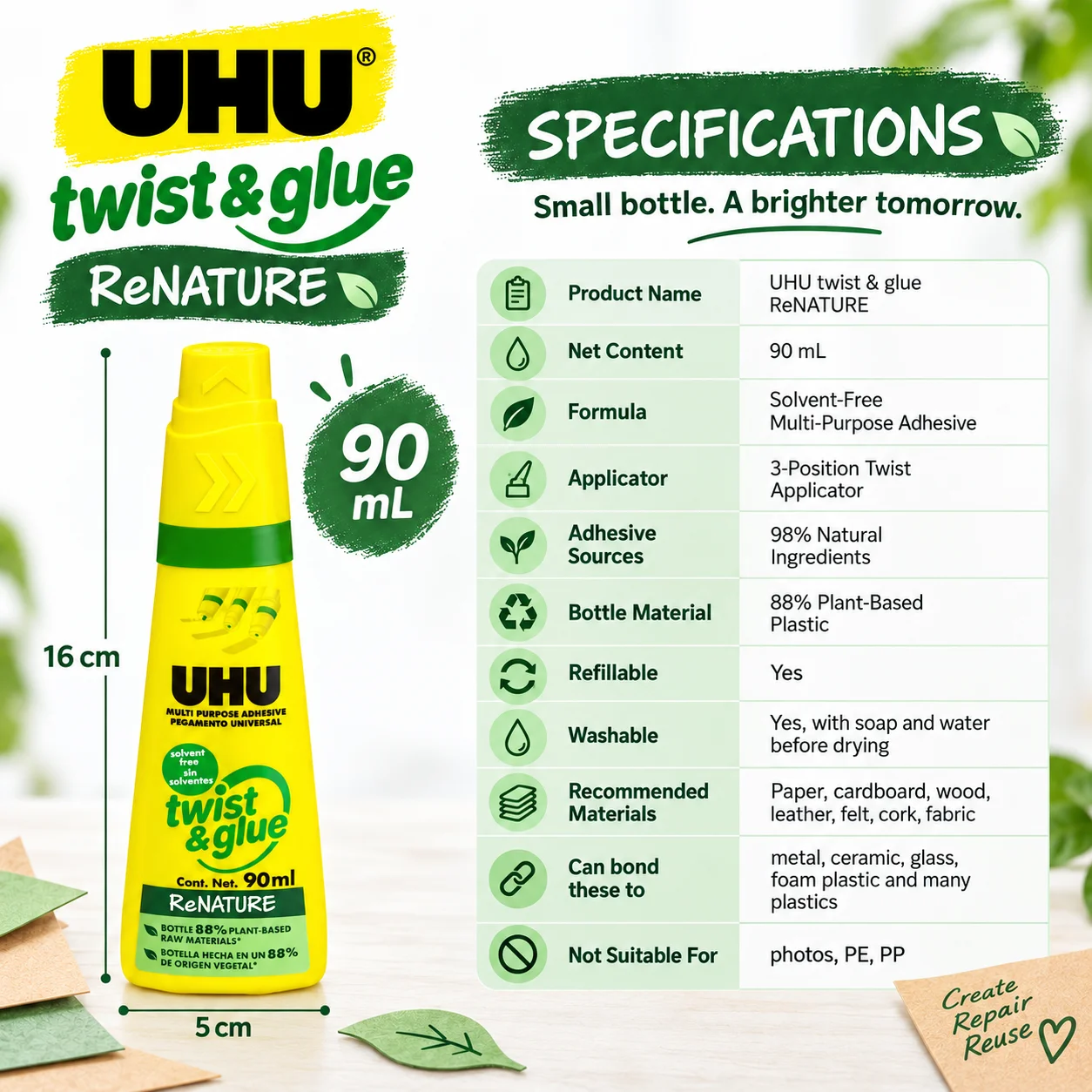 UHU Twist & Glue ReNATURE Multipurpose Glue Solvent-Free Craft Adhesive for Paper Wood Fabric Leather Glass Ceramic DIY