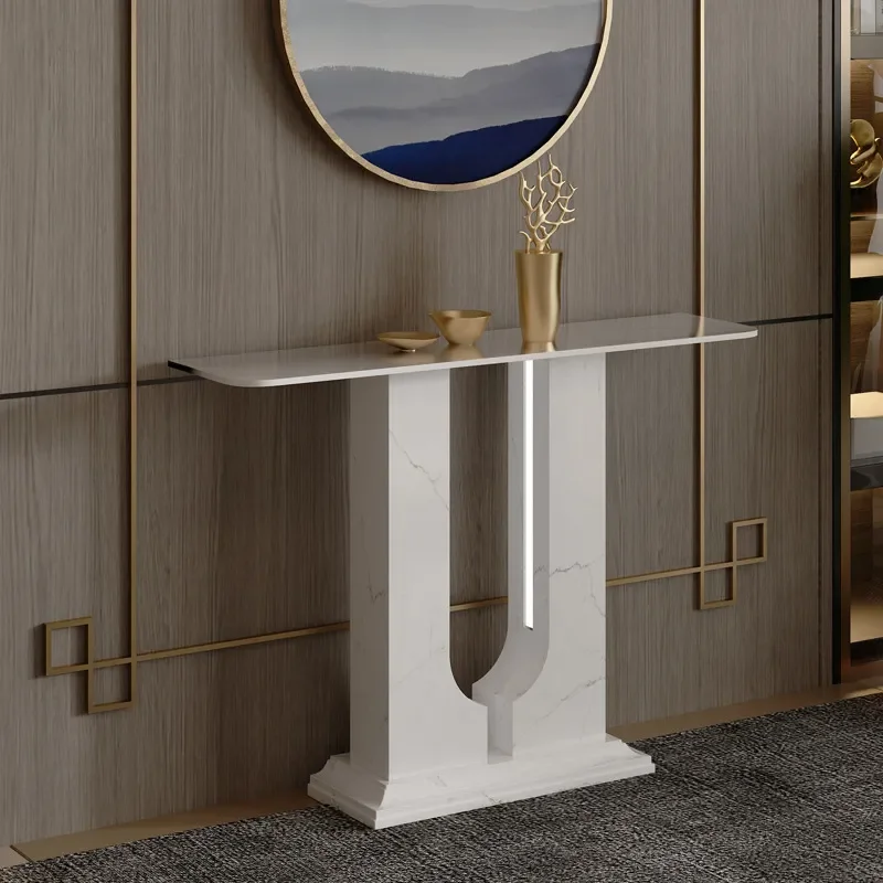 Modern Ultra Narrow 30cm Entrance Cabinet with Lamp Rock Slab Console Table for Small Apartment Entryway Storage Desk