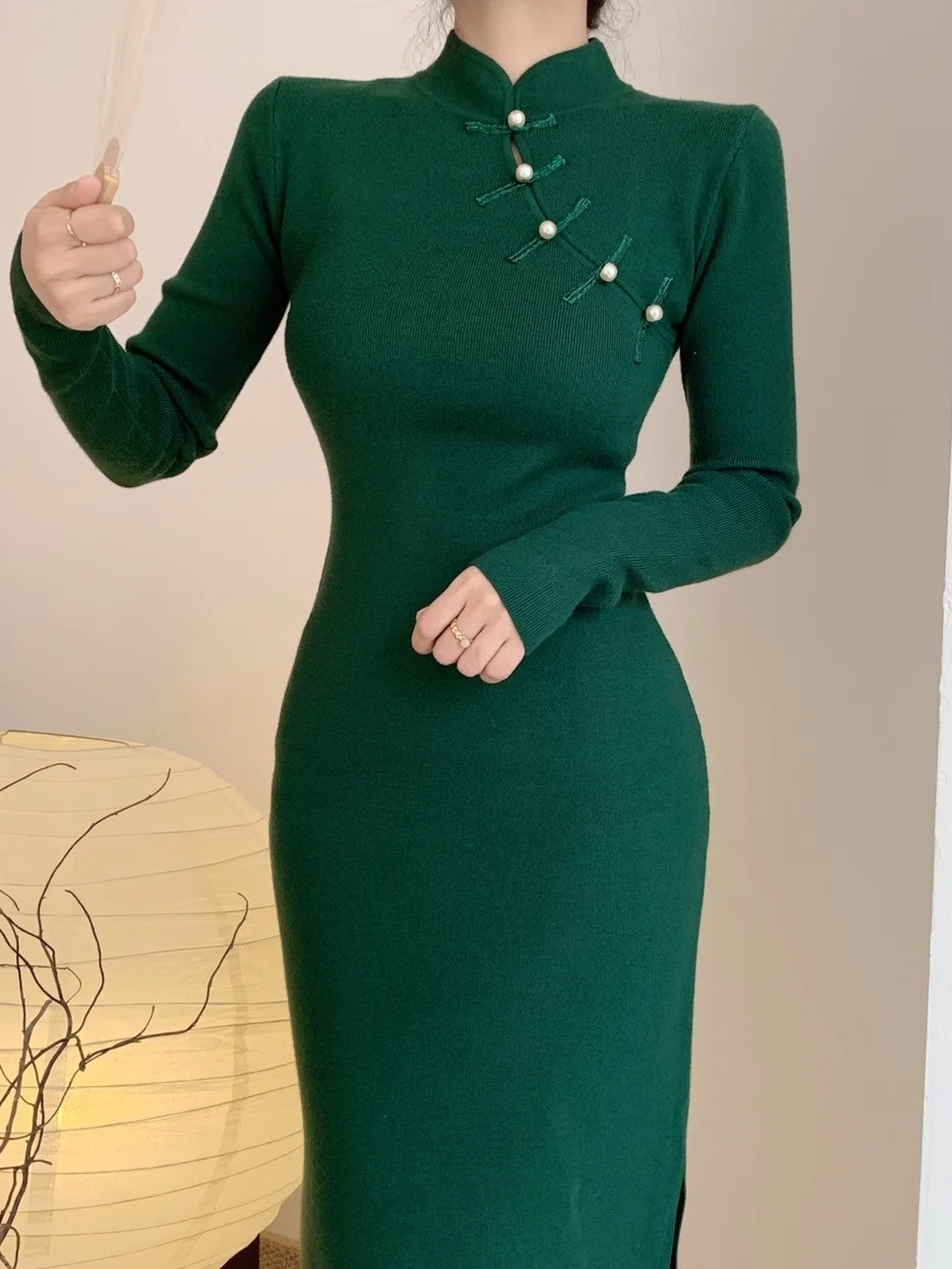 New Chinese Sweater Maxi Long Dress Green Elegant Stand Collar Knitted Slim Dresses Cheongsam Robe Elegant Top C599